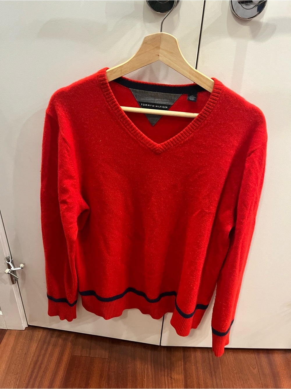 Tommy Hilfiger Men’s Bright Red V-Neck Cashmere Sweater with Navy Trim